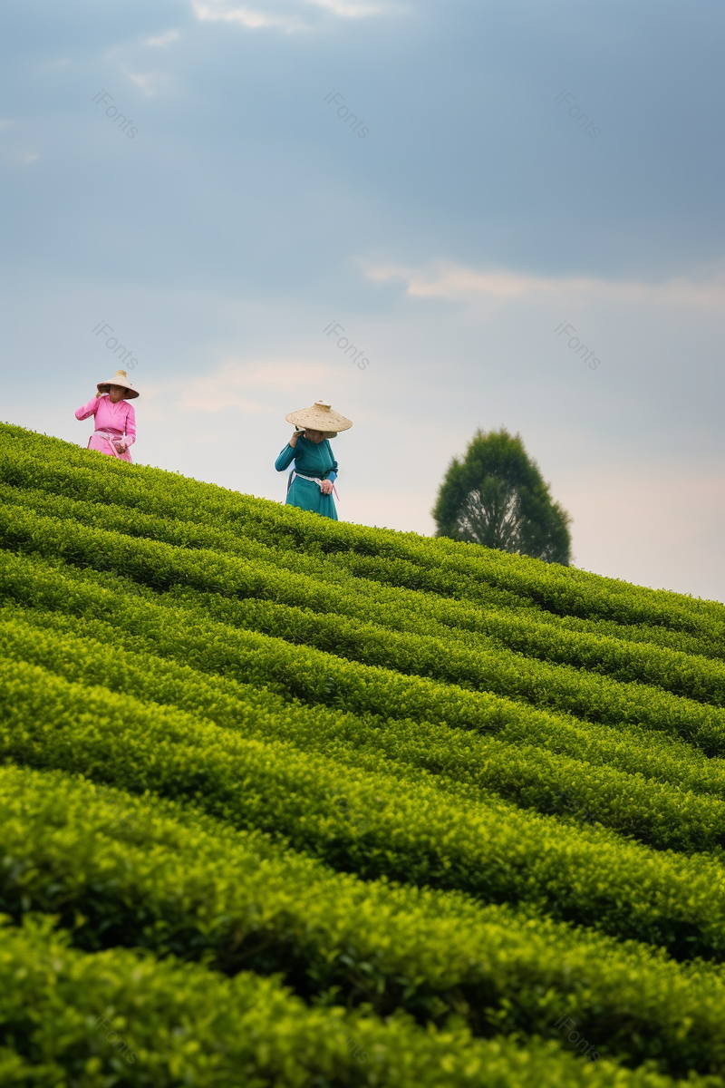 天空下茶园采茶劳作远镜头,高清,摄影图,摄影图片,图片大全,摄影图免费下载